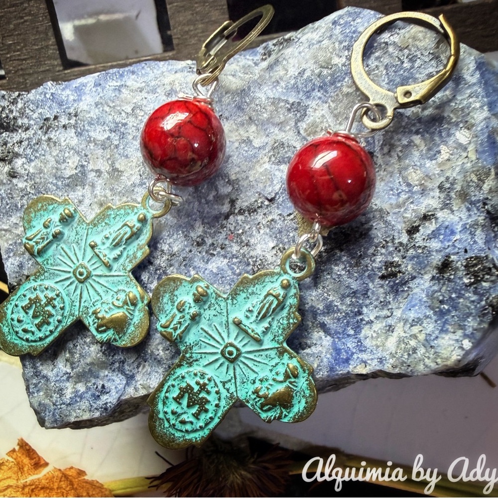 Red Turquoise & Symbolic Charm Earrings — Bold Dangle Pair